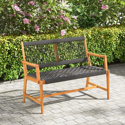Tangkula Patio 2-Person Acacia Wood Bench with All-Weather Rope Weaving 3 Tangkula Patio 2-Person Acacia Wood Bench with All-Weather Rope Weaving - Image 3