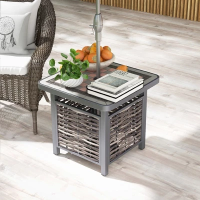 Tangkula 21.5" PE Rattan Outdoor Side Table with Resin Tabletop & Umbrella Hole 1 Tangkula 21.5" PE Rattan Outdoor Side Table with Resin Tabletop & Umbrella Hole