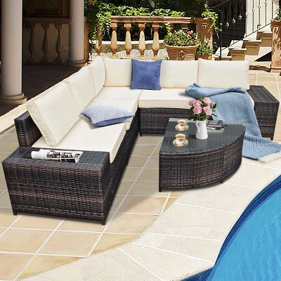 Tangkula 6-Piece Outdoor Rattan Conversation Set Sectional Sofa Set With Arc-Shaped Table 2 Tangkula 6-Piece Outdoor Rattan Conversation Set Sectional Sofa Set With Arc-Shaped Table - Image 2