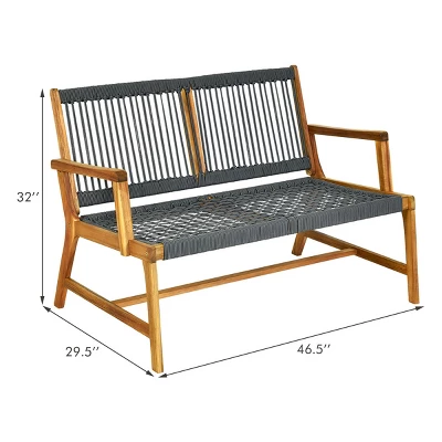 Tangkula 2-Person Outdoor Acacia Wood Bench Patio Loveseat Rope Bench Grey 5 Tangkula 2-Person Outdoor Acacia Wood Bench Patio Loveseat Rope Bench Grey - Image 5