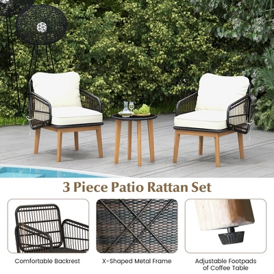 Tangkula 3-Piece Patio Rattan Bistro Set with Acacia Wood Frame 7 Tangkula 3-Piece Patio Rattan Bistro Set with Acacia Wood Frame - Image 7