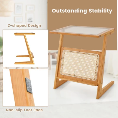 Tangkula 1pc/2pcs Z-shaped Side Table W/ Rattan Shelf Glass Top End Table W/ Magazine Rack Space-saving Sofa Side Bedside Table 5 Tangkula 1pc/2pcs Z-shaped Side Table W/ Rattan Shelf Glass Top End Table W/ Magazine Rack Space-saving Sofa Side Bedside Table - Image 5
