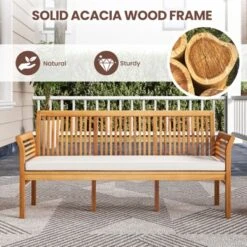 Tangkula 3 Person Outdoor Bench, 62.5" Acacia Wood Patio Sofa With Curved Armrests And Removable Seat Cushion -Tangkula Shop GUEST b8754cbc c470 4569 be5d 725ccbabf560