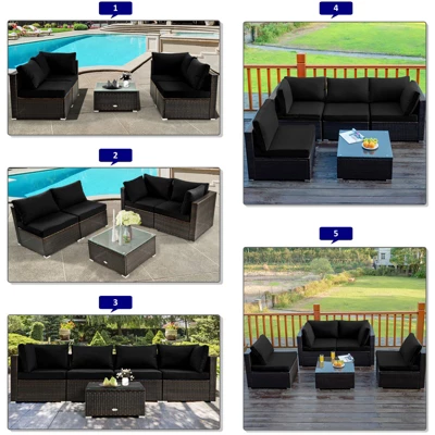Tangkula Patio Rattan 6PCS Cushioned Sofa Set Furniture Set Thick Cushion With 34.5" Fire Pit Table For Garden Black/Blue/Red/Turquoise/Off White 5 Tangkula Patio Rattan 6PCS Cushioned Sofa Set Furniture Set Thick Cushion With 34.5" Fire Pit Table For Garden Black/Blue/Red/Turquoise/Off White - Image 5