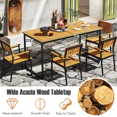 Tangkula 55” Patio Dining Table 6 People Acacia Wood Dining Table With Slatted Tabletop U-shaped Frame Adjustable Foot Pads 6 Tangkula 55” Patio Dining Table 6 People Acacia Wood Dining Table With Slatted Tabletop U-shaped Frame Adjustable Foot Pads - Image 6