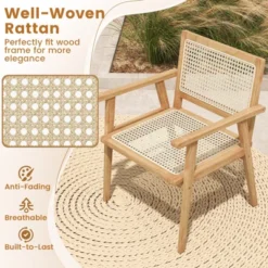 Tangkula Set of 2 Teak Wood Armchairs with Woven Rattan Seats