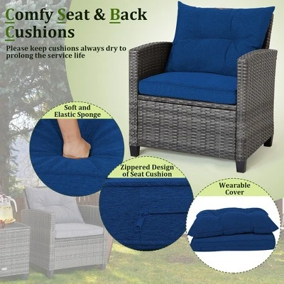 Tangkula 3-Piece Outdoor Wicker Conversation Set with Navy Cushions 4 Tangkula 3-Piece Outdoor Wicker Conversation Set with Navy Cushions - Image 4