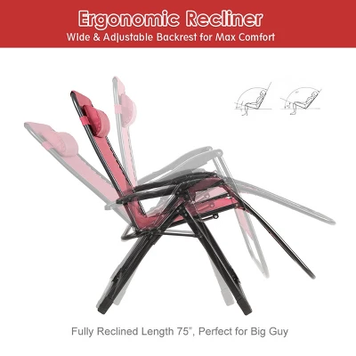 Tangkula Oversized Zero Gravity Lounge Chair Folding Recliner W/ Cup Holder & Pillow, Red 6 Tangkula Oversized Zero Gravity Lounge Chair Folding Recliner W/ Cup Holder & Pillow, Red - Image 6