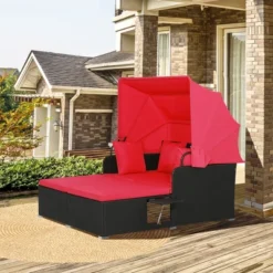 Tangkula Patio PE Wicker Daybed with Retractable Canopy and Red Cushions -Tangkula Shop GUEST b94d30ed 2794 41c0 920b e0a980158e1f