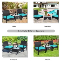 Tangkula 3 PCS Patio Wicker Rattan Furniture Set Coffee Table & 2 Rattan Chair W/ Cushion Turquoise -Tangkula Shop GUEST b97742d4 747f 4d02 b12a c9a376fc350f