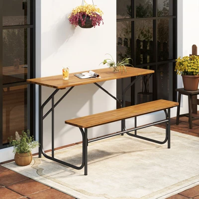 Tangkula Patio Table Bench Set For 2 Picnic Table & Loveseat W/Acacia Wood Top Metal Legs 1 Tangkula Patio Table Bench Set For 2 Picnic Table & Loveseat W/Acacia Wood Top Metal Legs