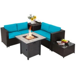 Tangkula 5-Piece Patio Furniture Set With 30 Inches Gas Fire Pit Table Outdoor PE Wicker Sectional Sofa Set With Cushions Red/Beige/Navy/Turquoise -Tangkula Shop GUEST b9c89ecc 7f21 44f9 94f8 b4bcdf18eccd