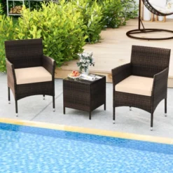 Tangkula 3-Piece Patio Rattan Furniture Set with Glass Coffee Table