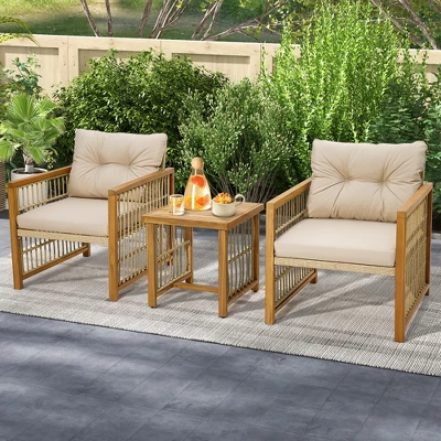 Tangkula 3PCS Patio Acacia Wood PE Wicker Furniture Set W/ Soft Seat & Back Cushions 3 Tangkula 3PCS Patio Acacia Wood PE Wicker Furniture Set W/ Soft Seat & Back Cushions - Image 3