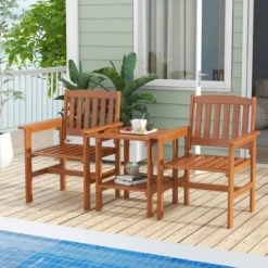 Tangkula 3-Piece Outdoor Solid Wood Bistro Set with Umbrella Hole Table