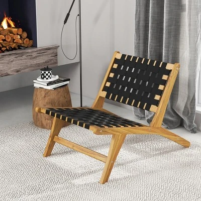 Tangkula 2PCS Teak Wooden Chair W/ Woven Webbing Seat & Backrest Mid Century Modern 4 Tangkula 2PCS Teak Wooden Chair W/ Woven Webbing Seat & Backrest Mid Century Modern - Image 4