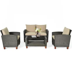 Tangkula 4PCS Cushioned Rattan Conversation Set W/ Coffee Table Patio Outdoor 19 Tangkula 4PCS Cushioned Rattan Conversation Set W/ Coffee Table Patio Outdoor -Tangkula Shop GUEST bab60cc3 6e5e 4b30 9399 1ac45489feef