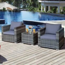 Tangkula 3-Piece Outdoor Rattan Conversation Set with Washable Cushions