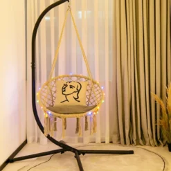 Tangkula Hammock Chair Macrame Swing, Patio Hanging Hammock Chair W/ LED Lights, Hanging Cotton Rope Hammock Swing Chair