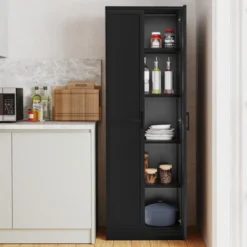 Tangkula 70" Storage Cabinet Freestanding Pantry Cabinet W/2 Doors & 5 Shelves Black