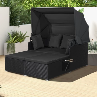 Tangkula Patio Rattan Daybed With Retractable Canopy Wicker Sun Lounger With 2 Foldable Side Panels Thick Seat & Back Cushions 2 Tangkula Patio Rattan Daybed With Retractable Canopy Wicker Sun Lounger With 2 Foldable Side Panels Thick Seat & Back Cushions - Image 2