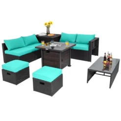 Tangkula 9PCS Furniture Set W/ 32" Fire Pit Table 50,000 BTU Square Propane Fire Pit Patio Turquoise -Tangkula Shop GUEST bc4962f0 86f4 4ed8 852b fad231227248