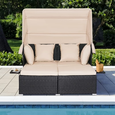Tangkula Outdoor Wicker Lounge Daybed Hand-Woven PE Rattan Patio Loveseat Sofa Set With Retractable Canopy & 2 Side Tables With Soft Cushions Beige 2 Tangkula Outdoor Wicker Lounge Daybed Hand-Woven PE Rattan Patio Loveseat Sofa Set With Retractable Canopy & 2 Side Tables With Soft Cushions Beige - Image 2
