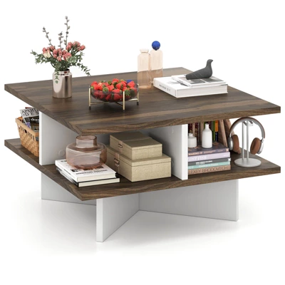Tangkula 2-Tier Square Coffee Table W/ Storage Farmhouse Modern Accent Table Center Table 9 Tangkula 2-Tier Square Coffee Table W/ Storage Farmhouse Modern Accent Table Center Table - Image 9