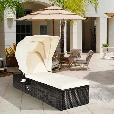 Tangkula Outdoor Cushioned Reclining Chaise Lounge W/Folding Canopy 1 Tangkula Outdoor Cushioned Reclining Chaise Lounge W/Folding Canopy
