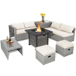 Tangkula 9 Pieces Outdoor Patio Furniture Set W/ 32" Propane Fire Pit Table Sectional Sofa Set W/ Storage Box Black/Gray/Navy/Red/Turquoise/Off White -Tangkula Shop GUEST bd3a3df4 36b4 4208 8980 929f4fa73a59