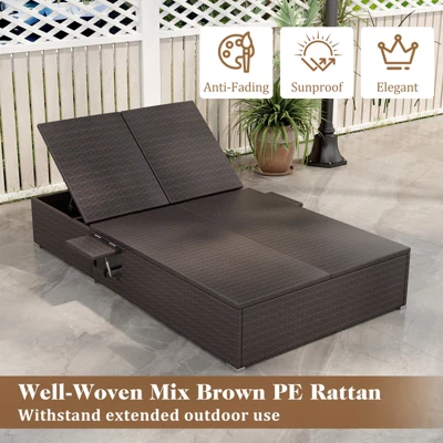 Tangkula Patio Double Chaise Lounge 6 Position Adjustable Wicker Recliner Bed With Cushions & Folding Side Trays 4 Tangkula Patio Double Chaise Lounge 6 Position Adjustable Wicker Recliner Bed With Cushions & Folding Side Trays - Image 4