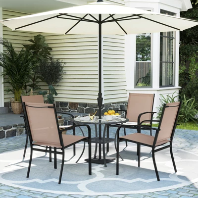 Tangkula Set of 4 Outdoor Dining Chairs with Breathable Fabric & Armrests 1 Tangkula Set of 4 Outdoor Dining Chairs with Breathable Fabric & Armrests