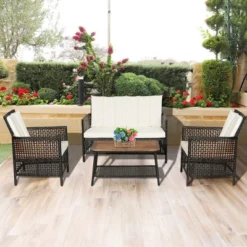 Tangkula 8-Piece Wicker Patio Furniture Set with Acacia Wood Coffee Table