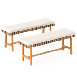 Tangkula 2PCS Outdoor Acacia Wood Bench With Cushion Breathable Rope Seat Patio Dining Bench For Entryway Garden Poolside Balcony -Tangkula Shop GUEST bdec9cfe 2da4 49f6 af07 11bcc32cb39f