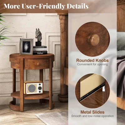 Tangkula 2-Tier Nightstand W/ Shelf & Wood Grains Drawer Round White/Brown 7 Tangkula 2-Tier Nightstand W/ Shelf & Wood Grains Drawer Round White/Brown - Image 7