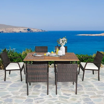 Tangkula 7-Piece Outdoor Dining Set with Acacia Wood Tabletop & 6 Cushioned Chairs 3 Tangkula 7-Piece Outdoor Dining Set with Acacia Wood Tabletop & 6 Cushioned Chairs - Image 3