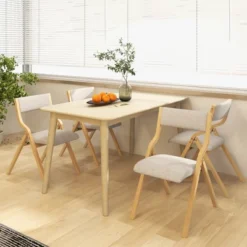 Tangkula Folding Dining Chairs Set Of 4 Wooden Table Chairs W/ Padded Seat Modern Grey & Natural