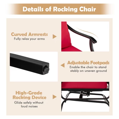 Tangkula 3-Piece Patio Rocking Bistro Set - Outdoor Conversation Set with Red Cushions 4 Tangkula 3-Piece Patio Rocking Bistro Set - Outdoor Conversation Set with Red Cushions - Image 4