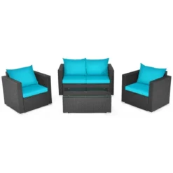 Tangkula 4PCS Rattan Patio Conversation Set Outdoor Furniture Set W/ Navy & Turquoise Cushions 11 Tangkula 4PCS Rattan Patio Conversation Set Outdoor Furniture Set W/ Navy & Turquoise Cushions -Tangkula Shop GUEST beb6ef10 1fd5 43bd 9136 3cbef0448b97