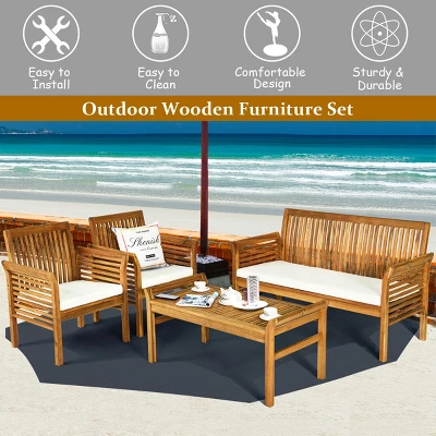 Tangkula 4-Piece Patio Acacia Wood Sofa Set Conversation Table Chairs With Beige Cushions 5 Tangkula 4-Piece Patio Acacia Wood Sofa Set Conversation Table Chairs With Beige Cushions - Image 5