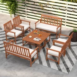 Tangkula 8-Piece Acacia Wood Patio Conversation Set Outdoor Furniture Set W/ 4 Armchairs