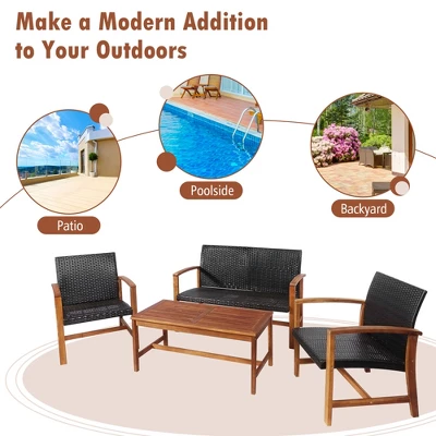 Tangkula 4-Piece Patio Conversation Set with Acacia Wood and PE Rattan 5 Tangkula 4-Piece Patio Conversation Set with Acacia Wood and PE Rattan - Image 5