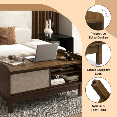 Tangkula Rectangular Coffee Table W/ Storage Weaving Sliding Door & Adjustable Shelf 5 Tangkula Rectangular Coffee Table W/ Storage Weaving Sliding Door & Adjustable Shelf - Image 5