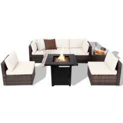 Tangkula 7-Piece Outdoor Rattan Sectional Set with 50,000 BTU Propane Fire Pit -Tangkula Shop GUEST c00f6ee1 7657 4e40 89fc 5e4171607d44