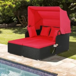 Tangkula Patio PE Wicker Daybed with Retractable Canopy and Red Cushions -Tangkula Shop GUEST c0291f43 8e76 4395 8970 194b100b4a92