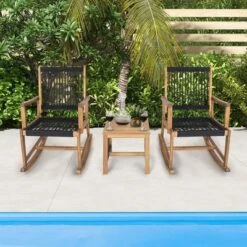 Tangkula 3 Piece Acacia Wood Rocking Chair Set W/ Coffee Table & All-Weather Rope Patio Poolside