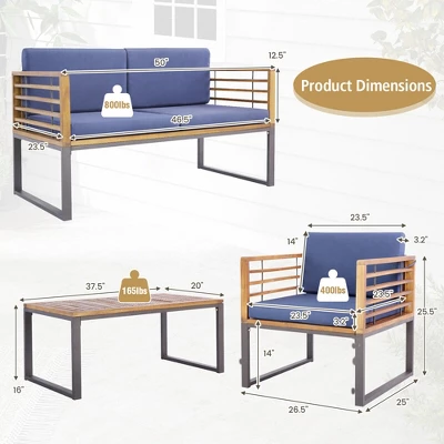 Tangkula 4PCS Acacia Wood Patio Conversation Set Outdoor Furniture Set W/ Navy Cushions 5 Tangkula 4PCS Acacia Wood Patio Conversation Set Outdoor Furniture Set W/ Navy Cushions - Image 5