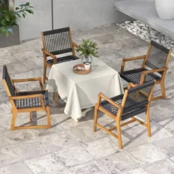Tangkula Patio 4PCS Acacia Wood Dining Chairs All-Weather Rope Woven Armchairs Outdoor
