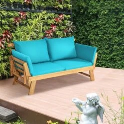 Tangkula Adjustable Patio Sofa Daybed Acacia Wood Furniture W/ Navy & Turquoise Sets Cushion -Tangkula Shop GUEST c13da35b fda5 43fd 9a50 5418ef1075b4