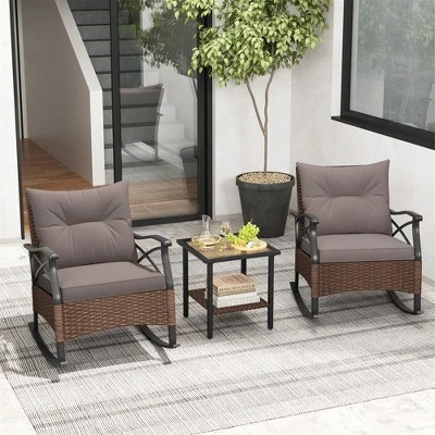 Tangkula 3 Pieces Outdoor Rocking Chairs Set Rattan Heavy Duty Cushioned Rocker Chairs With 2-Tier Tempered Glass Coffee Table 3 Tangkula 3 Pieces Outdoor Rocking Chairs Set Rattan Heavy Duty Cushioned Rocker Chairs With 2-Tier Tempered Glass Coffee Table - Image 3